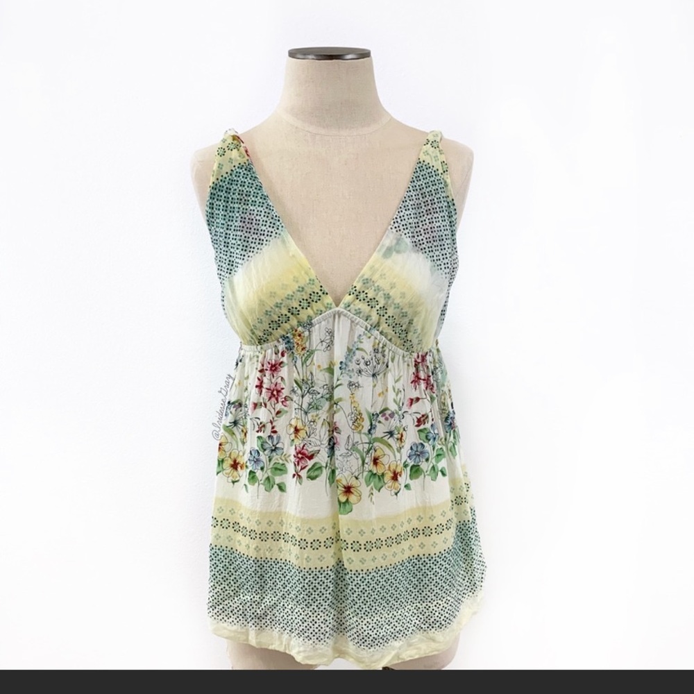 Johnny Was- Yellow & Green Floral V-Neck Top SZ XS
